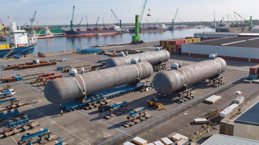 INEOS Project One, Discharged bullets installed onto stools on the quayside at the Port of Antwerp, Belgium