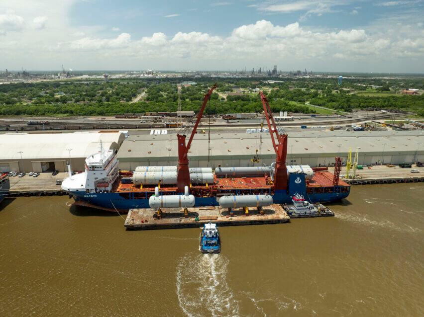 Petrochemical Project, Transloading operations from ocean vessel to barge at Port Arthur, Texas, USA