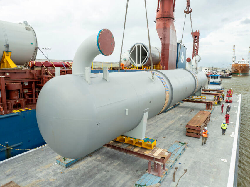Petrochemical Project, Transloading operations from ocean vessel to barge at Port Arthur, Texas, USA