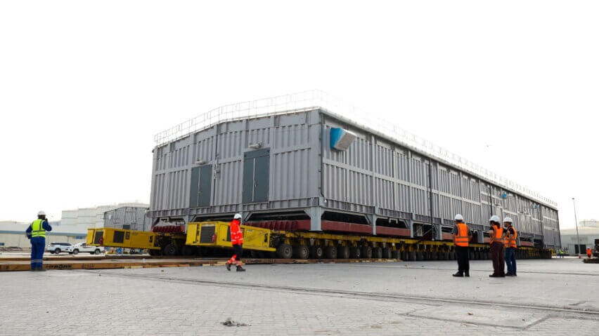 Loading operations for a 67 x 16 x 7 m, over 1,040 MT substation at Hamriyah Port, UAE for INEOS Project One